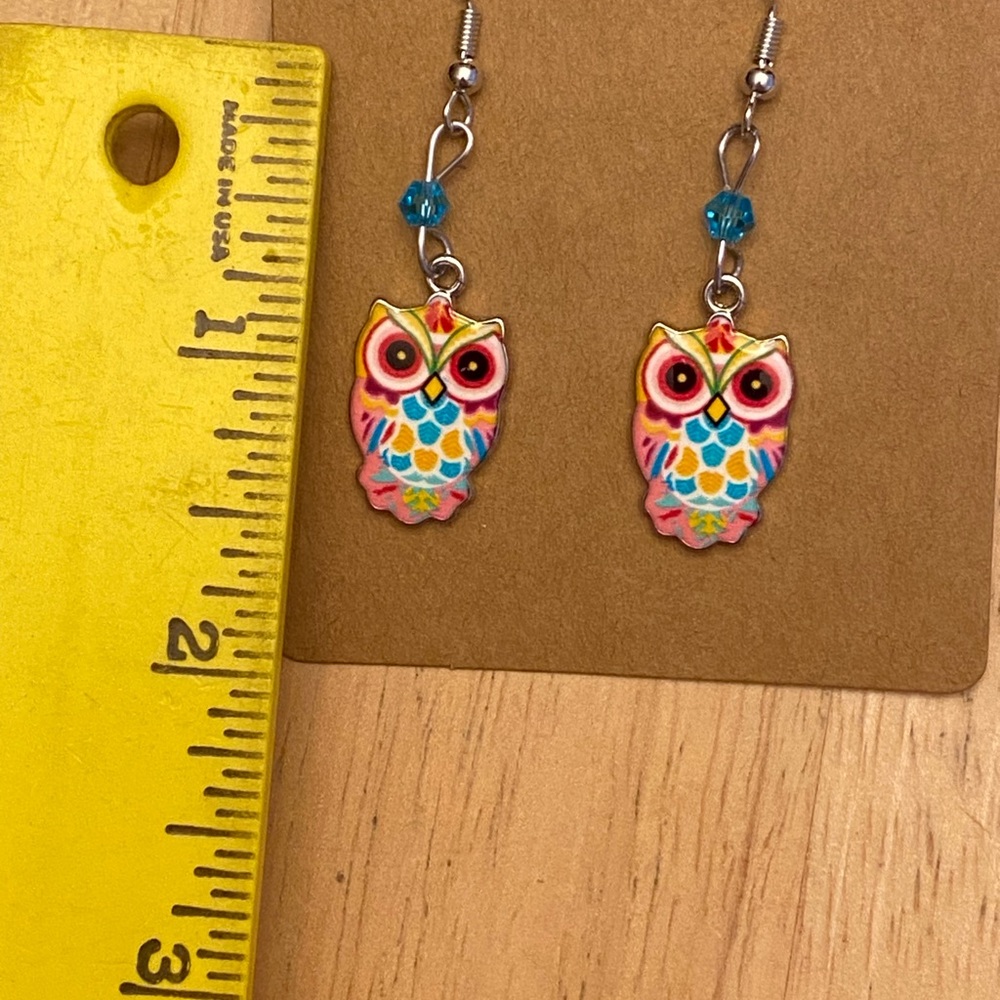 Hand Crafted Pink Multicolor Beaded Owl Dangle Earrings - Picture 4 of 4